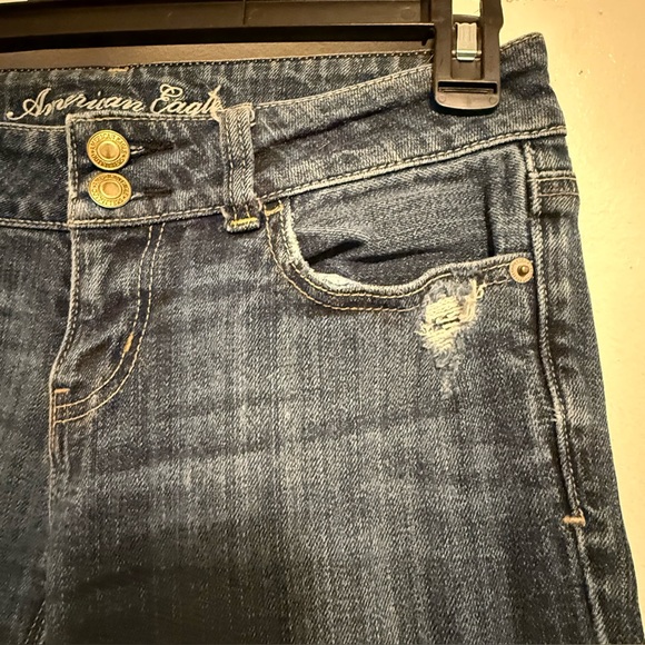 American Eagle Women's Blue Distressed Jeans Size 4 XLong Double Button Flared - Picture 11 of 16